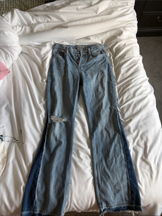 Hudson Jeans Denim - Hudson Jeans Two-Tone Light Blue Flare Jeans with Distressed Knee